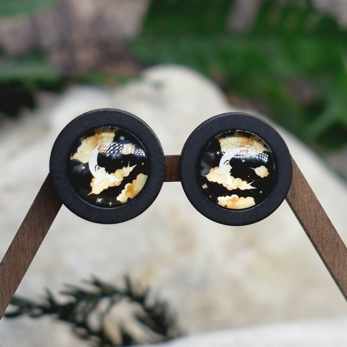 Wood Stud Earrings With Glass Moon Cabochon #172