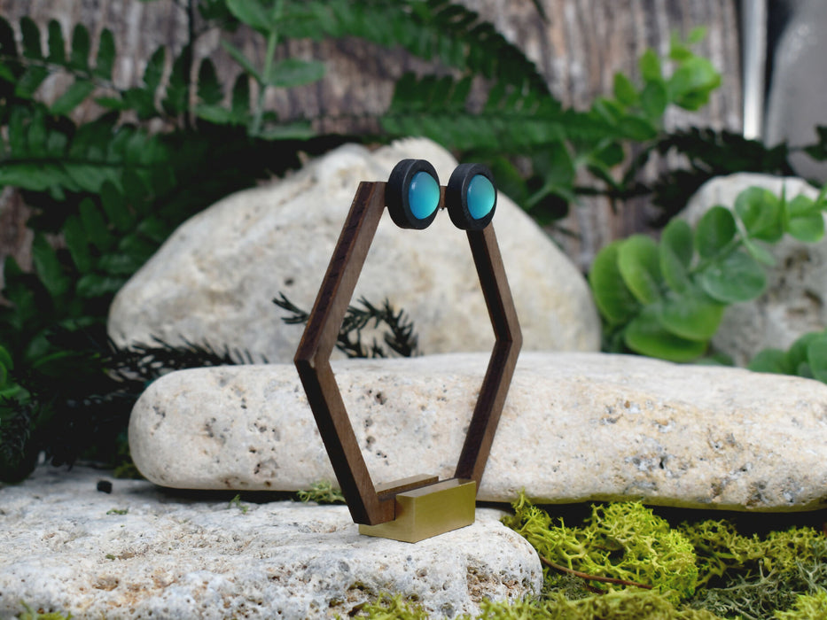 Wood Stud Earrings With Resin Chameleon Cabochon #240