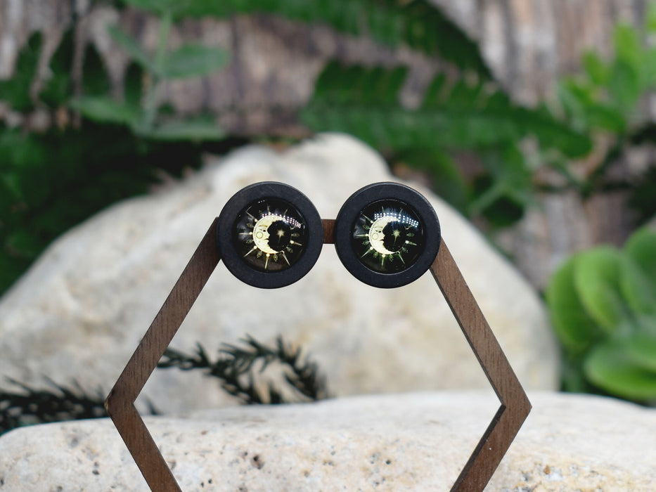 Wood Stud Earrings With Glass Cabochon #219