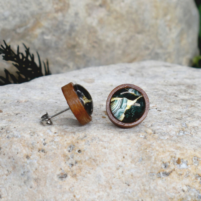 Wood Stud Earrings With Resin Cabochon #366