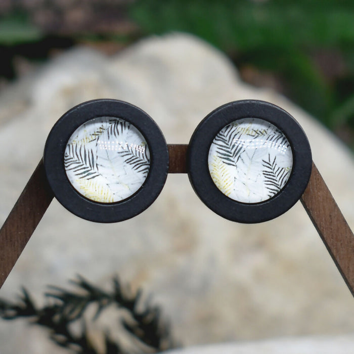 Wood Stud Earrings With Glass Tropical Cabochon #189