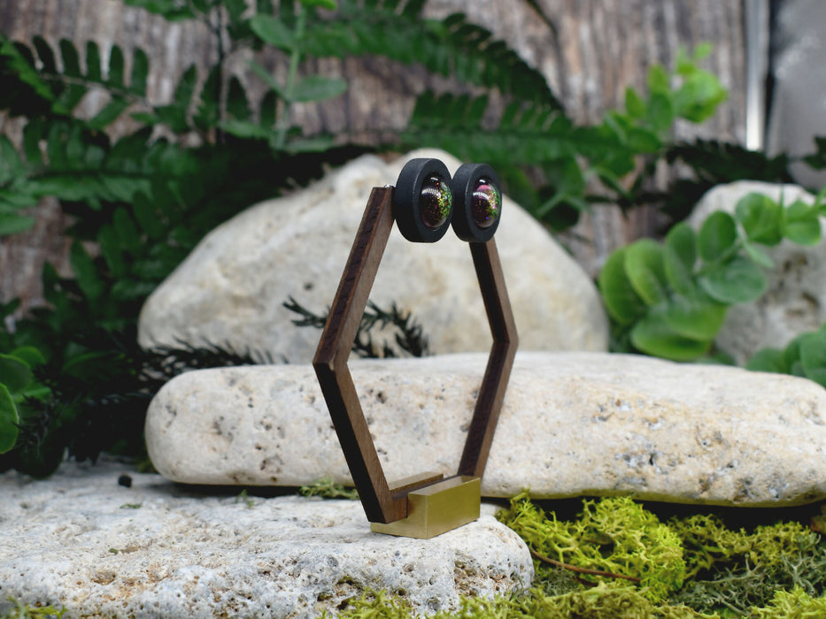 Wood Stud Earrings With Resin Chameleon Cabochon #238