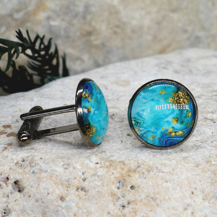 Black Steel Cufflinks with Abstract Glass #224