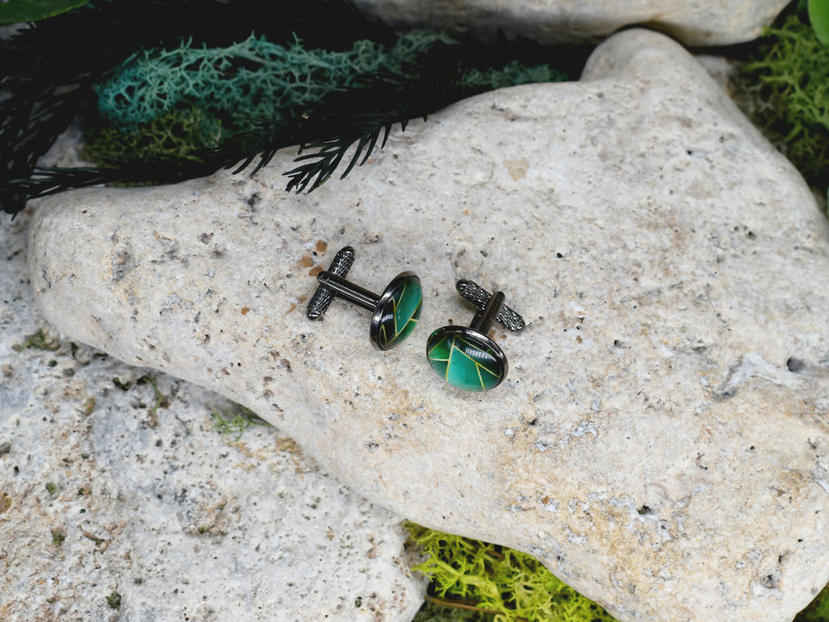 Black Steel Cufflinks with Abstract Glass #196
