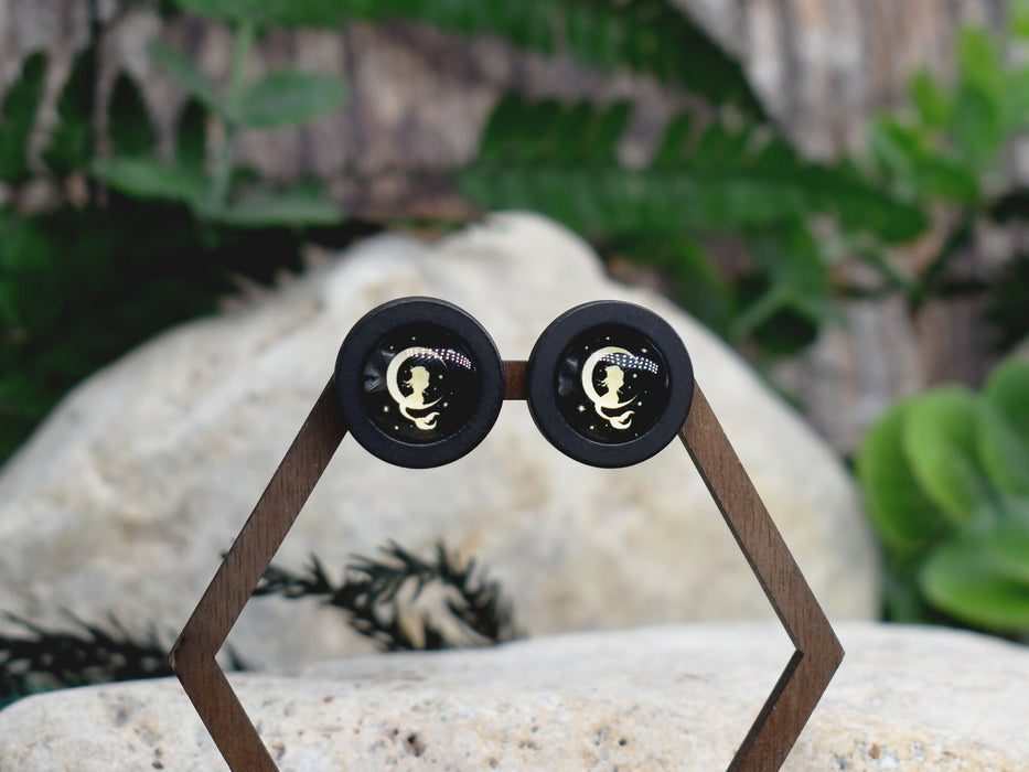 Wood Stud Earrings With Glass Cabochon #220