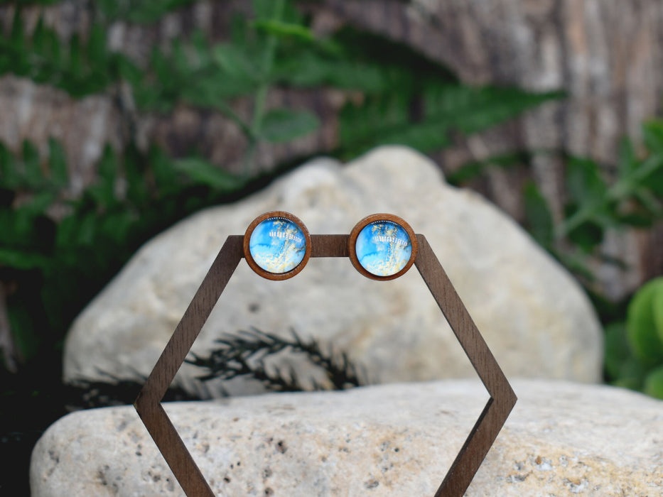 Wood Stud Earrings With Resin Cabochon #380