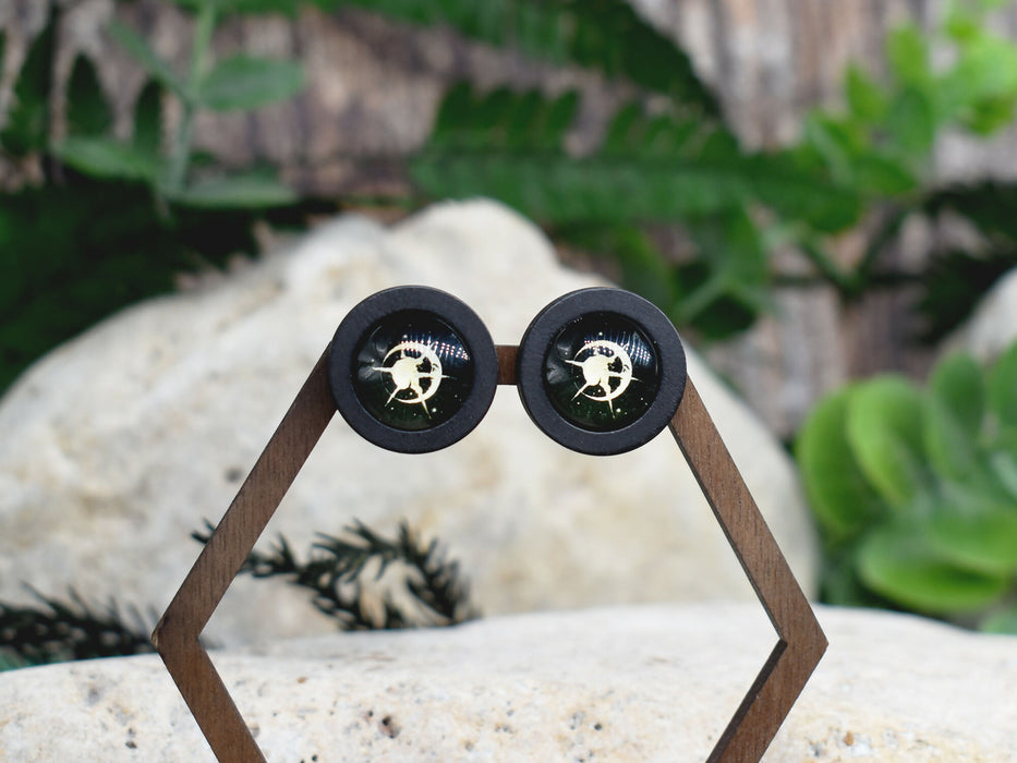 Wood Stud Earrings With Glass Sun Moon Cabochon #188