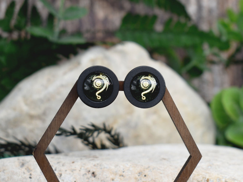 Wood Stud Earrings With Glass Cabochon #196