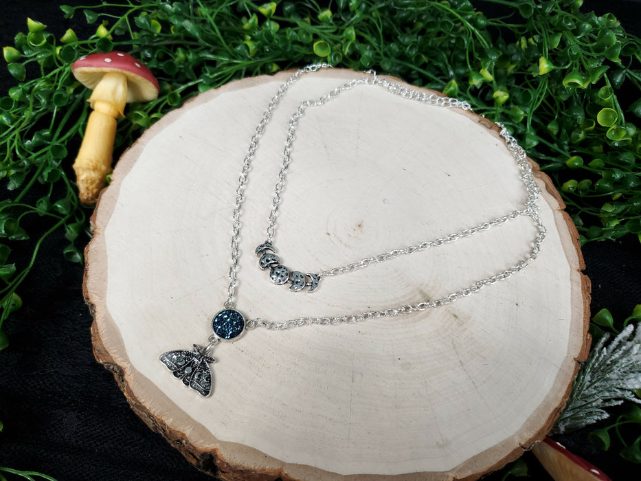 Silver Moth Moon Phase layered Necklace, Silver Chain Necklace