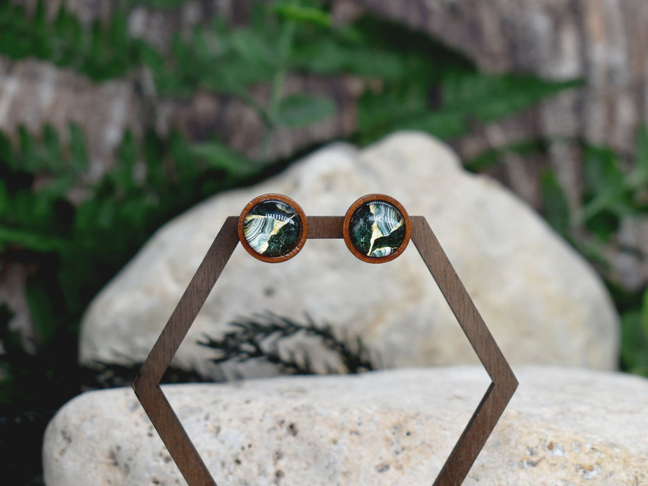 Wood Stud Earrings With Resin Cabochon #366