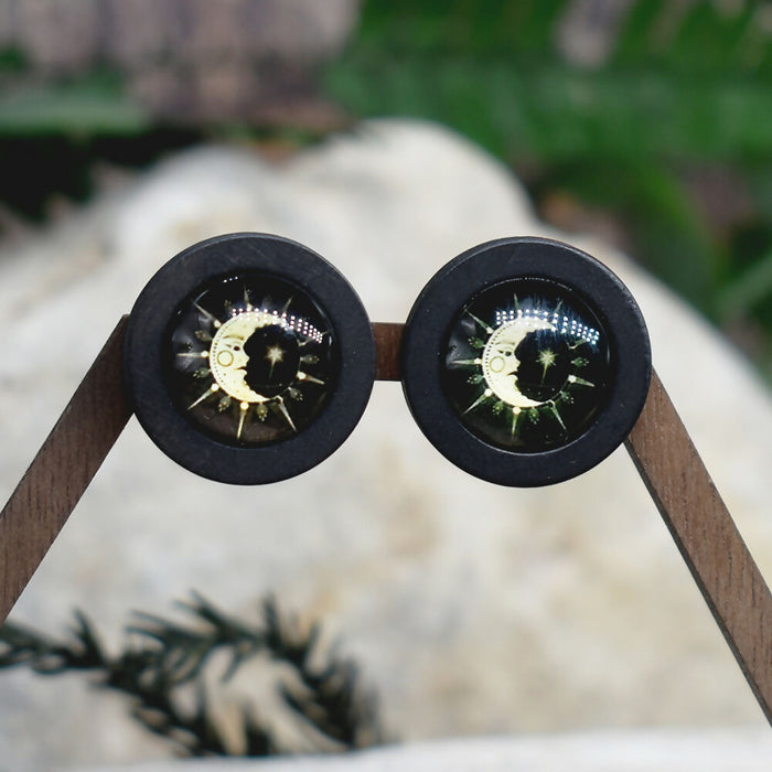 Wood Stud Earrings With Glass Cabochon #219