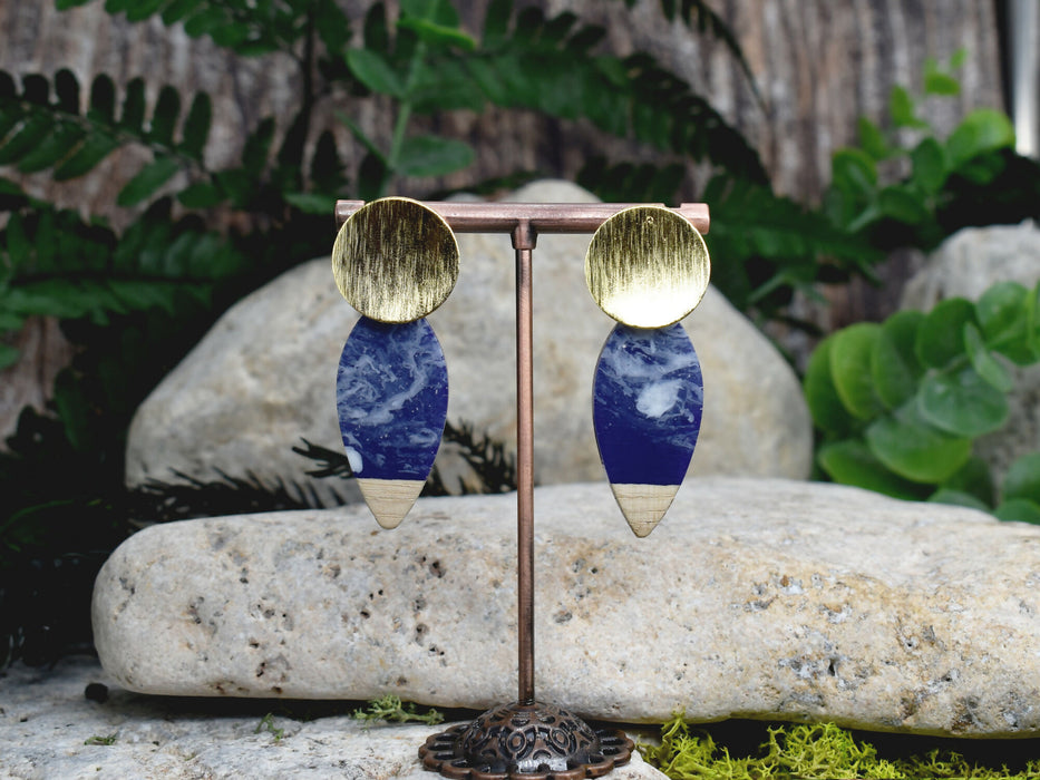 Wood Dangle Earrings with Blue Resin #459