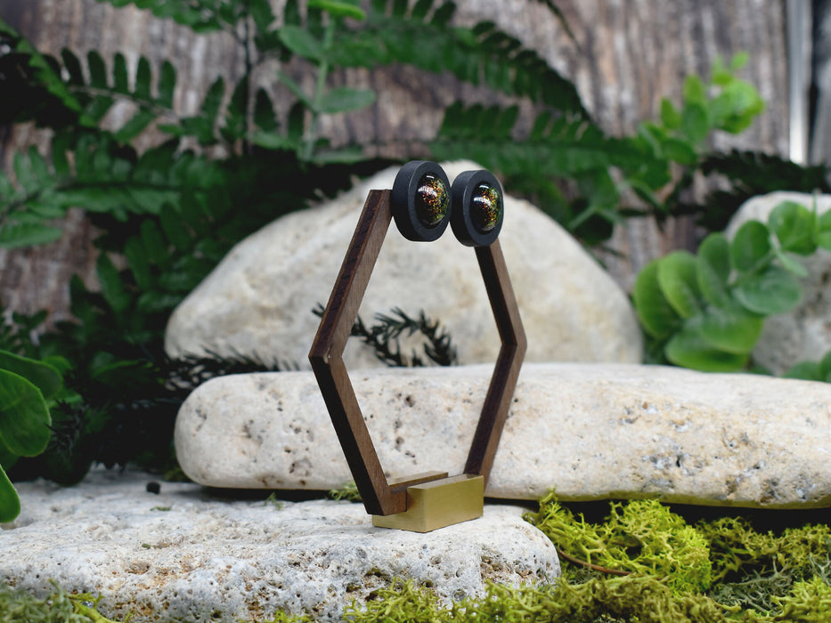 Wood Stud Earrings With Resin Chameleon Cabochon #226