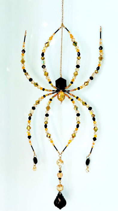 Gilded Shadow – Black & Gold Beaded Spider Suncatcher
