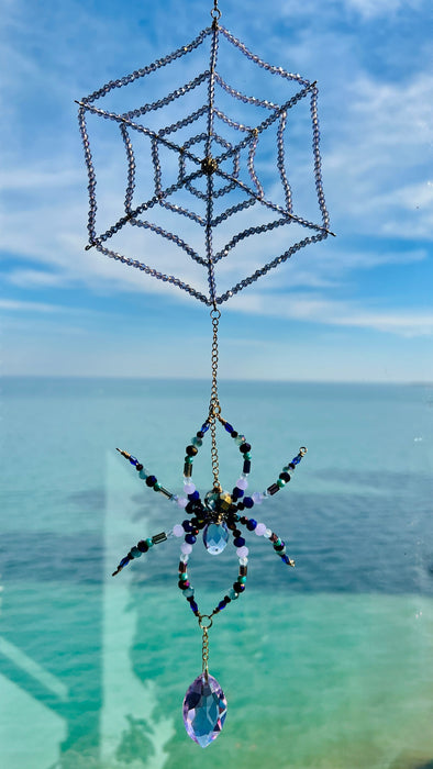 Twilight Web – Beaded Spider & Crystal Web Suncatcher