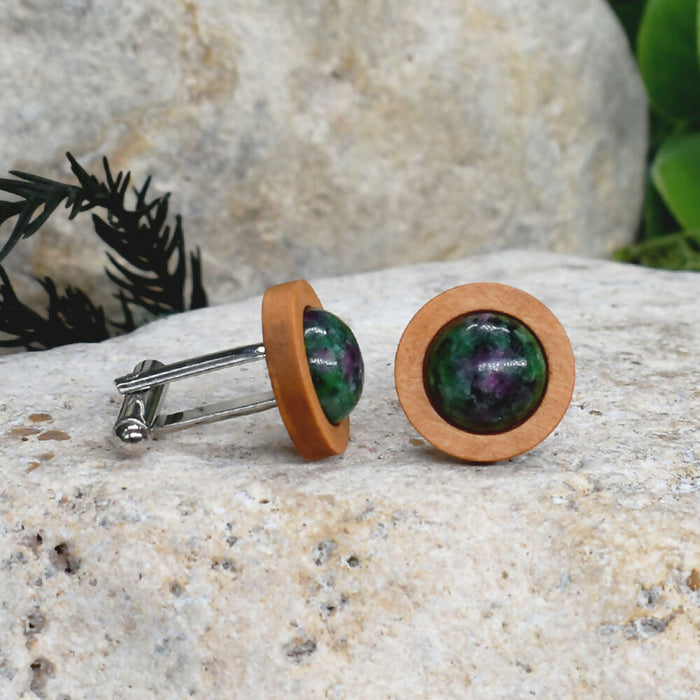 Wood Cufflinks with Ruby Zoisite Stone #188