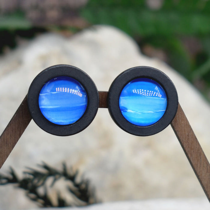 Wood Stud Earrings With Glass Neptune Cabochon #199