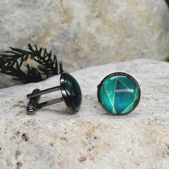 Black Steel Cufflinks with Abstract Glass #195