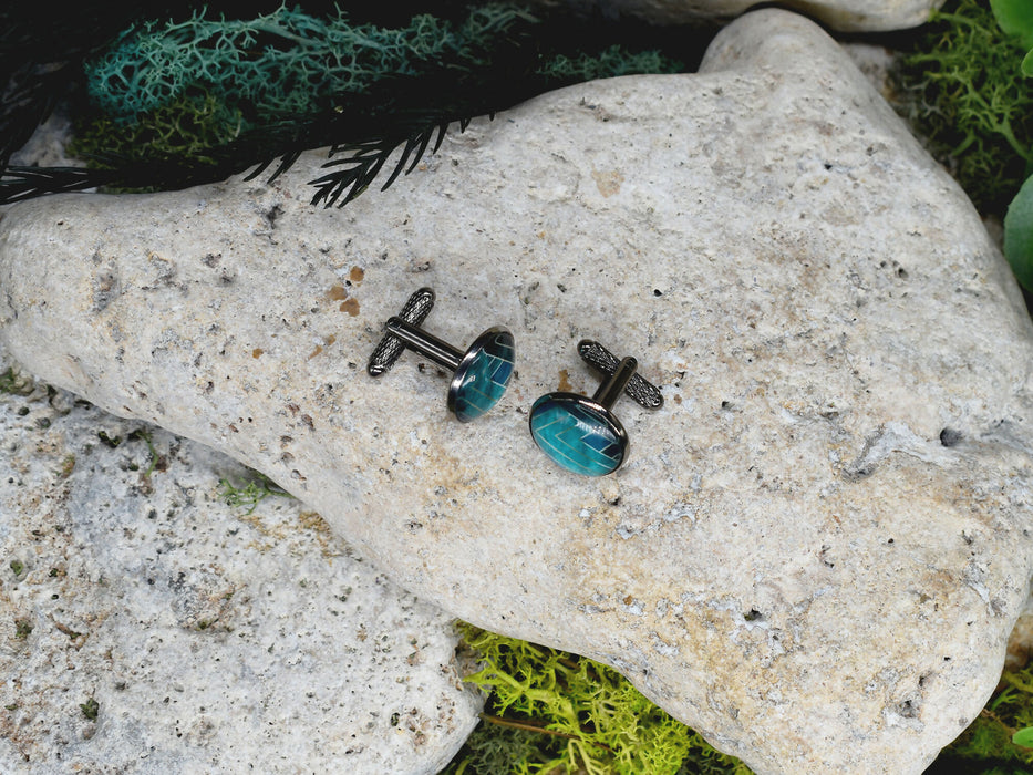 Black Steel Cufflinks with Abstract Glass #202