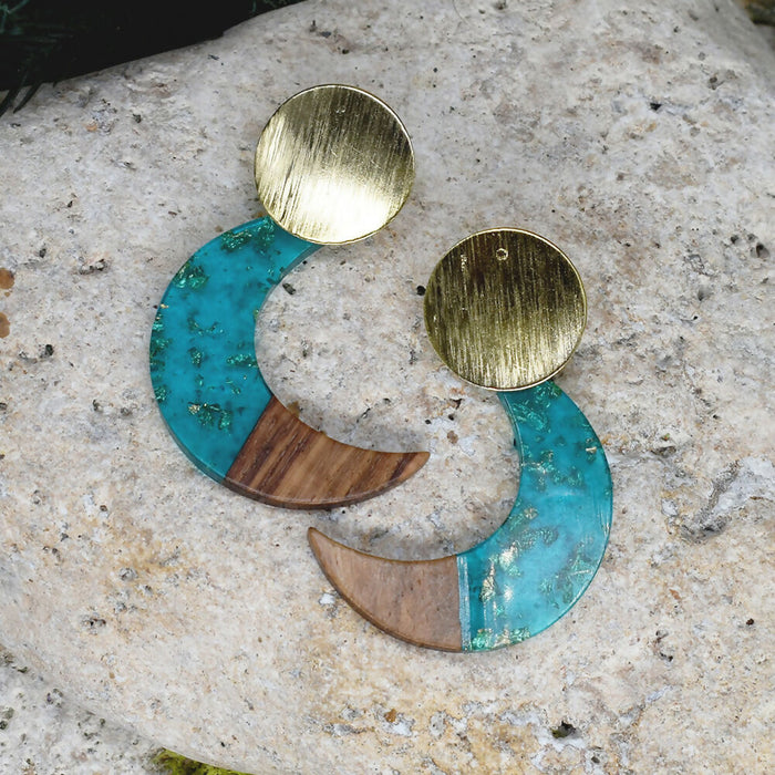 Wood Dangle Earrings with Moon Resin #464
