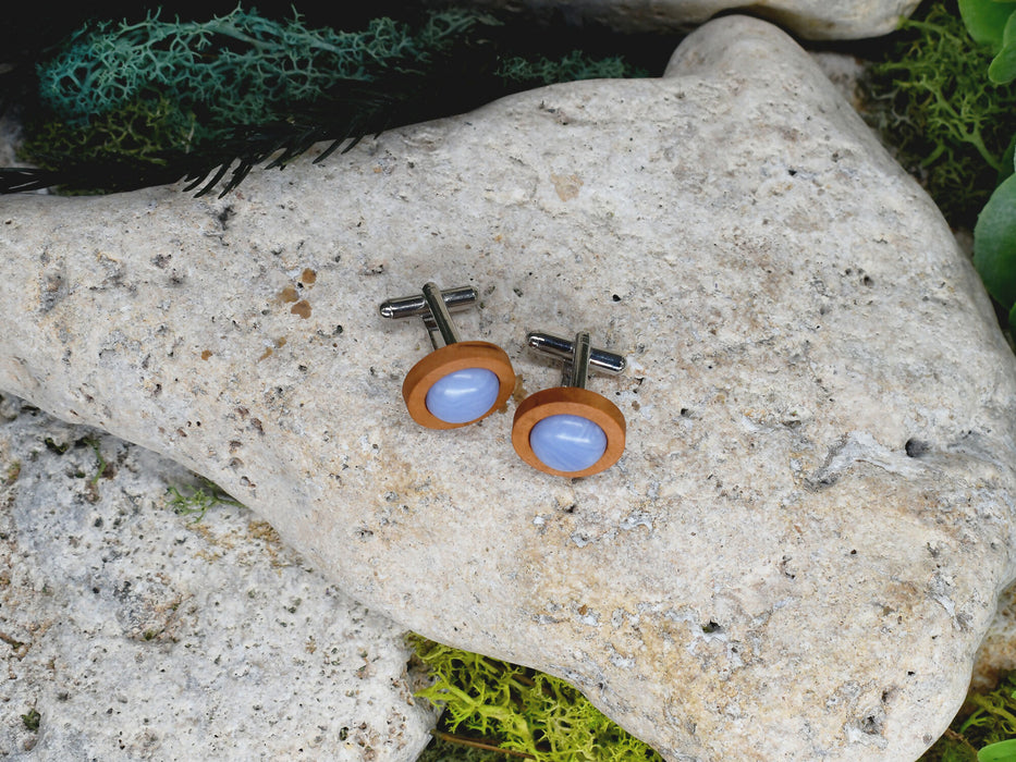 Wood Cufflinks with Blue Agate Stone #189