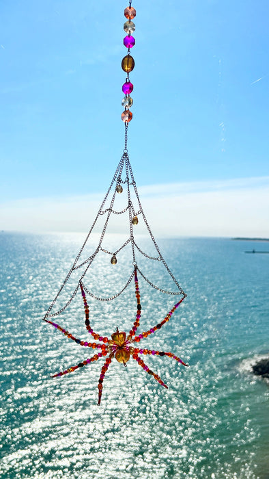 Sunset Spell Web – Beaded Spider Suncatcher