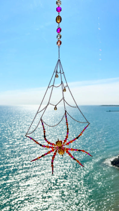 Sunset Spell Web – Beaded Spider Suncatcher