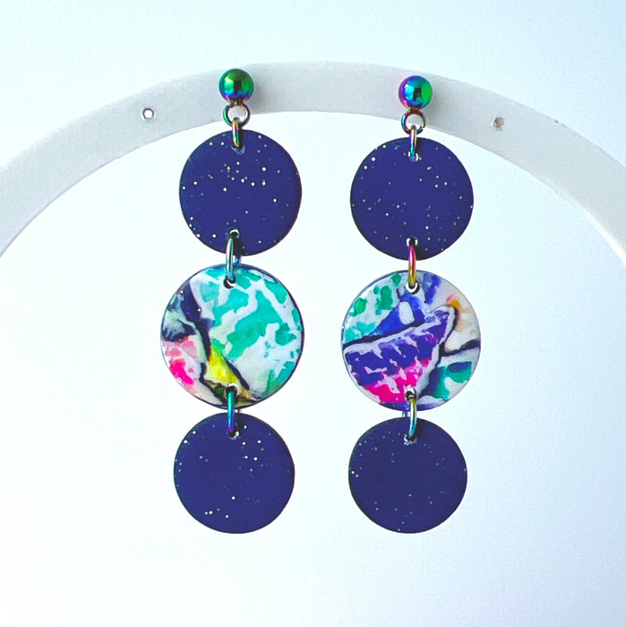 Purple Galaxy Dot Drop Earrings – Polymer Clay & Rainbow Posts