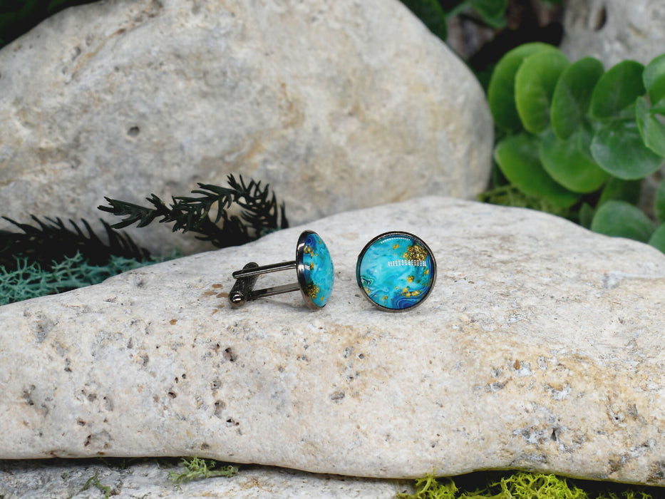 Black Steel Cufflinks with Abstract Glass #224