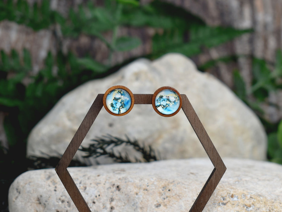 Wood Stud Earrings With Resin Cabochon #368