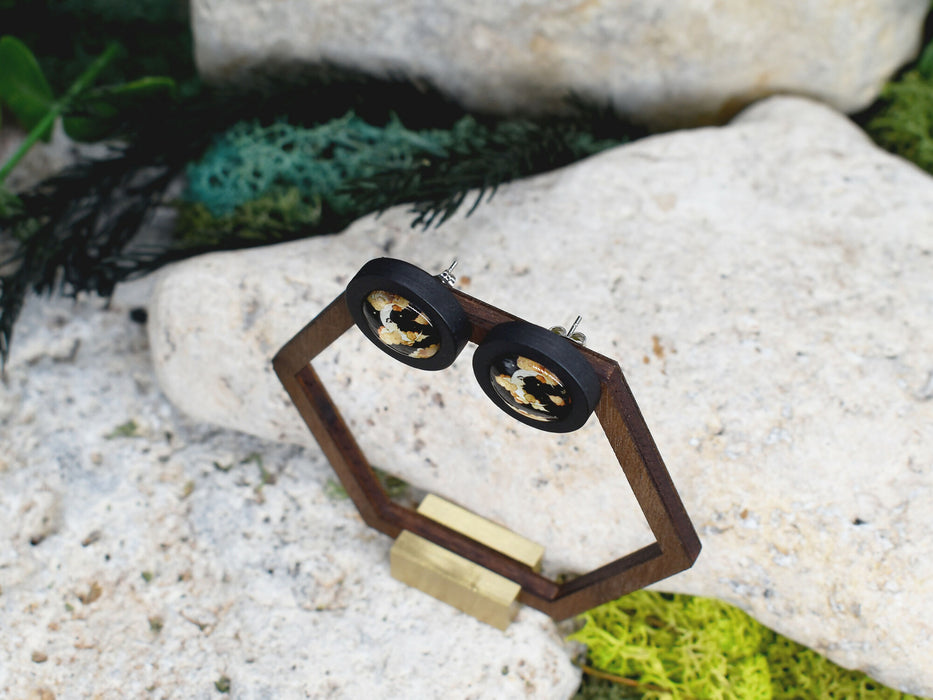 Wood Stud Earrings With Glass Moon Cabochon #172