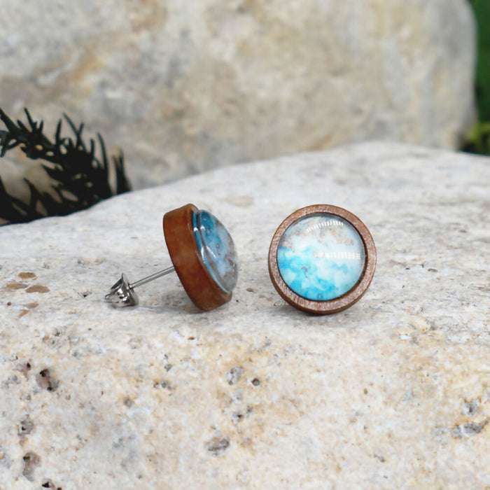 Wood Stud Earrings With Resin Cabochon #383