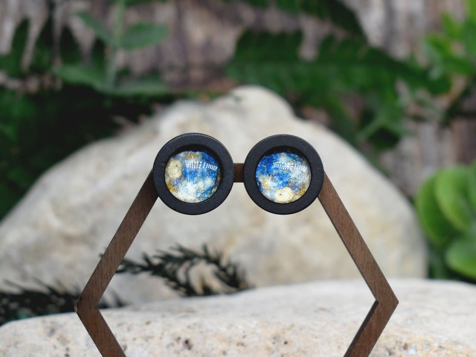 Wood Stud Earrings With Glass Mercury Cabochon #182