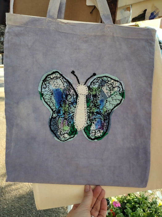 Hand embroidered tote bag - Peace Love & Butterflies collection