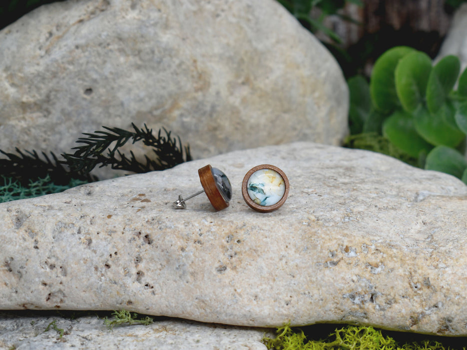 Wood Stud Earrings With Resin Cabochon #370