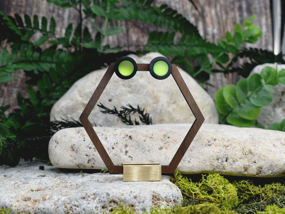 Wood Stud Earrings With Resin Chameleon Cabochon #242