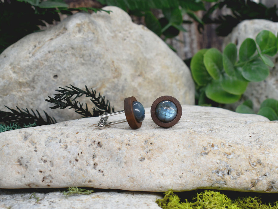 Wood Cufflinks with Labradorite Stone #175
