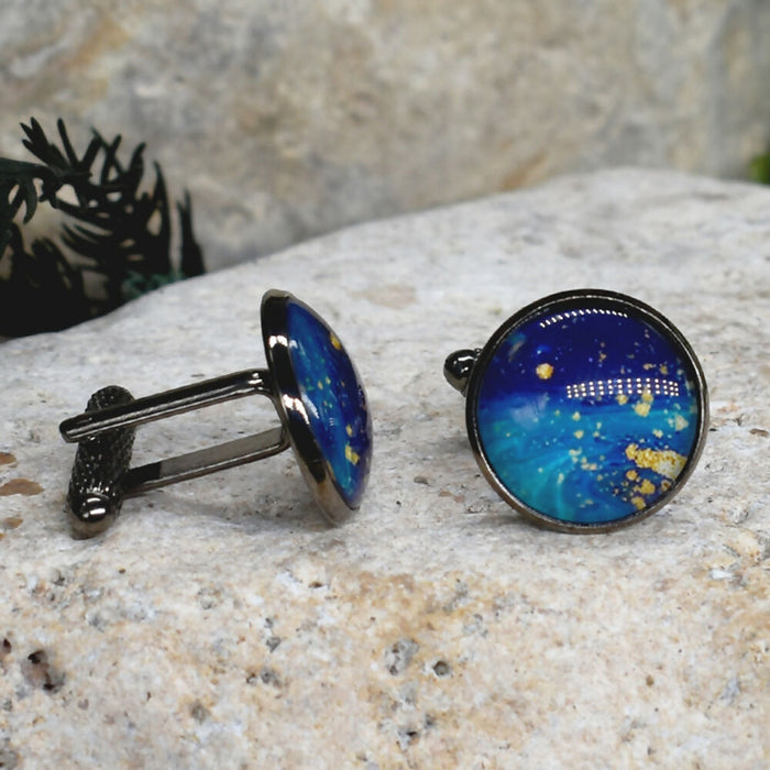 Black Steel Cufflinks with Abstract Glass #232