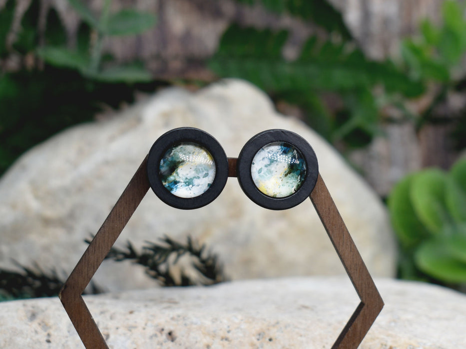 Wood Stud Earrings With Glass Cabochon #195