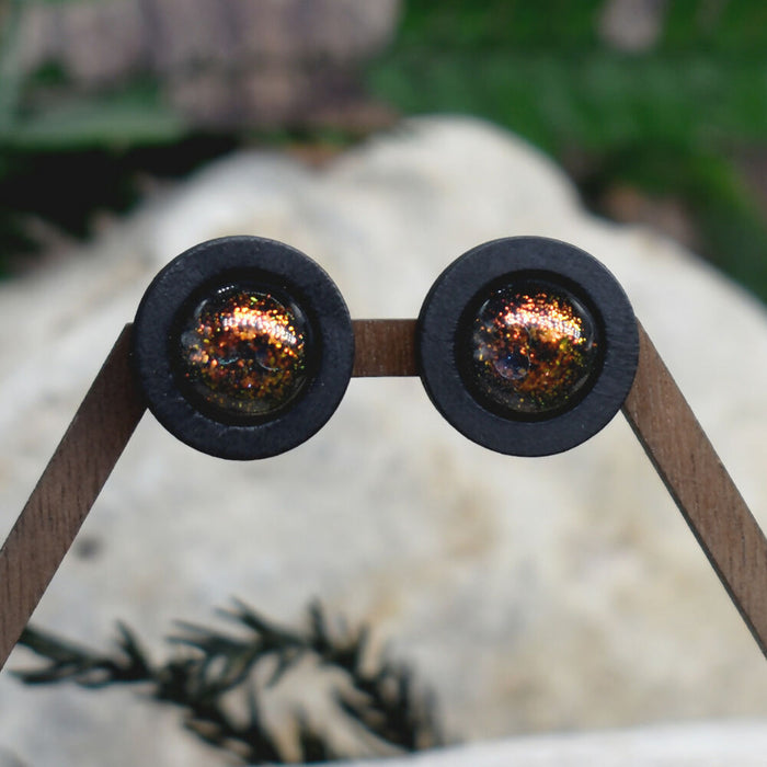 Wood Stud Earrings With Resin Chameleon Cabochon #229
