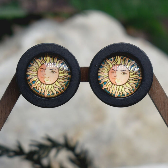 Wood Stud Earrings With Glass Cabochon #198
