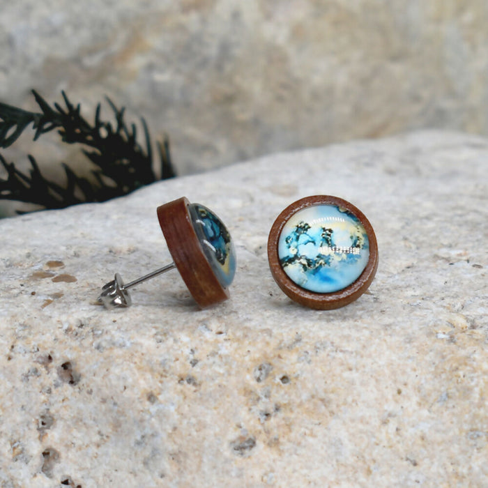 Wood Stud Earrings With Resin Cabochon #368