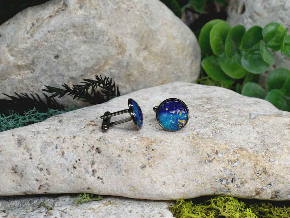 Black Steel Cufflinks with Abstract Glass #232