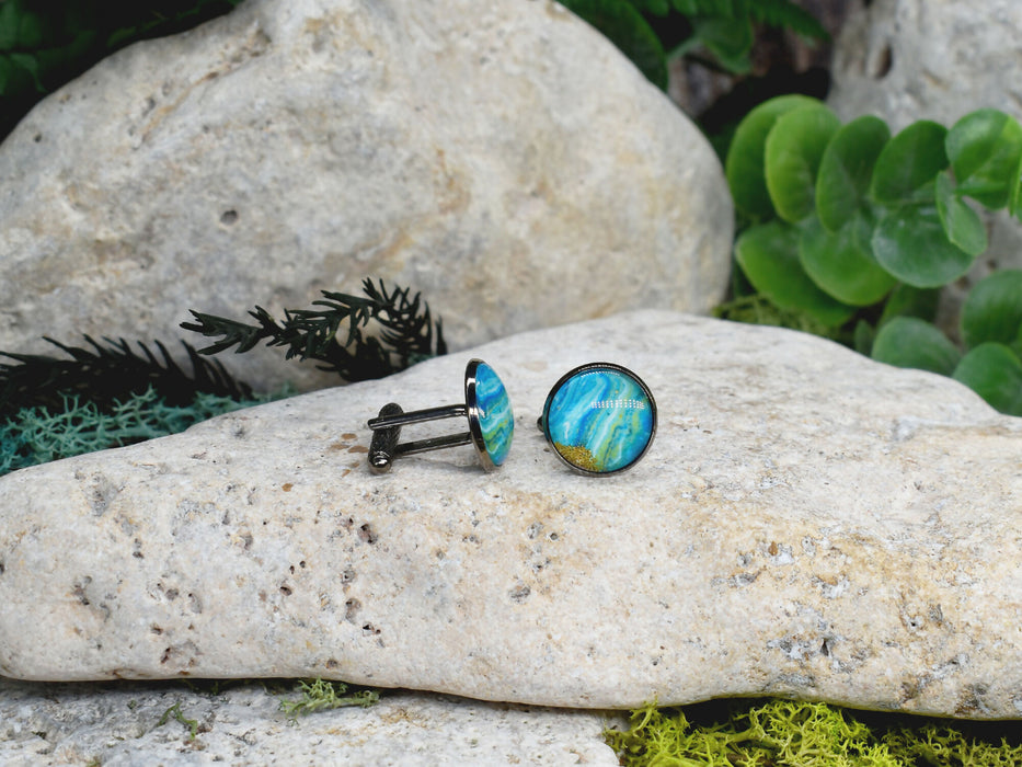 Black Steel Cufflinks with Abstract Glass #223