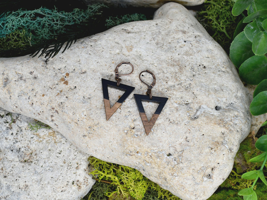Wood Dangle Earrings with Black Resin #258