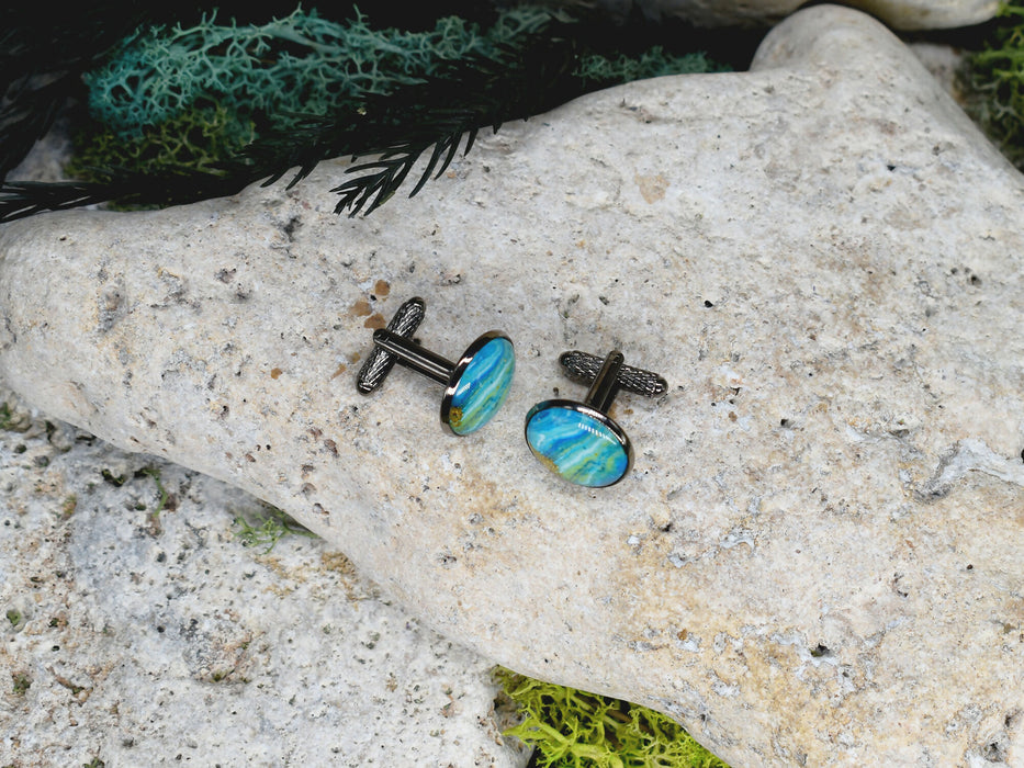 Black Steel Cufflinks with Abstract Glass #223