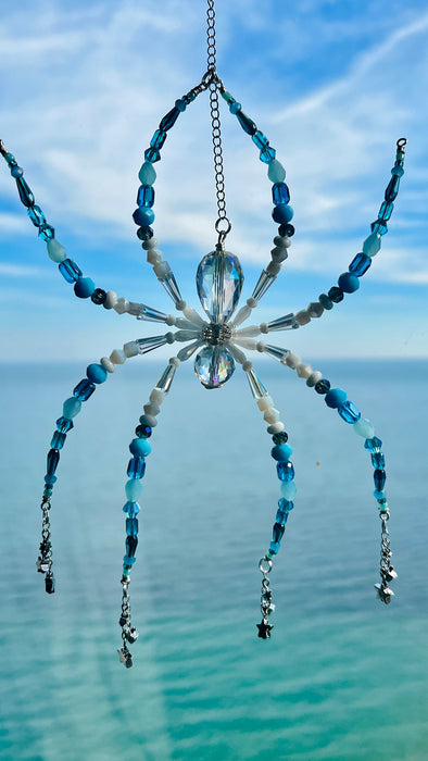 Moonlit Tide Spider – Blue Celestial Beaded Suncatcher