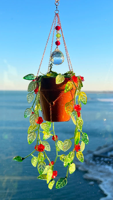 Floral Leafy ‘Forever’ Plant Suncatcher with Glass Prisms & Spinner