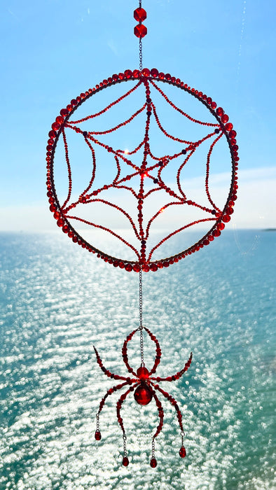 Crimson Web Weaver – Beaded Spider & Web Suncatcher