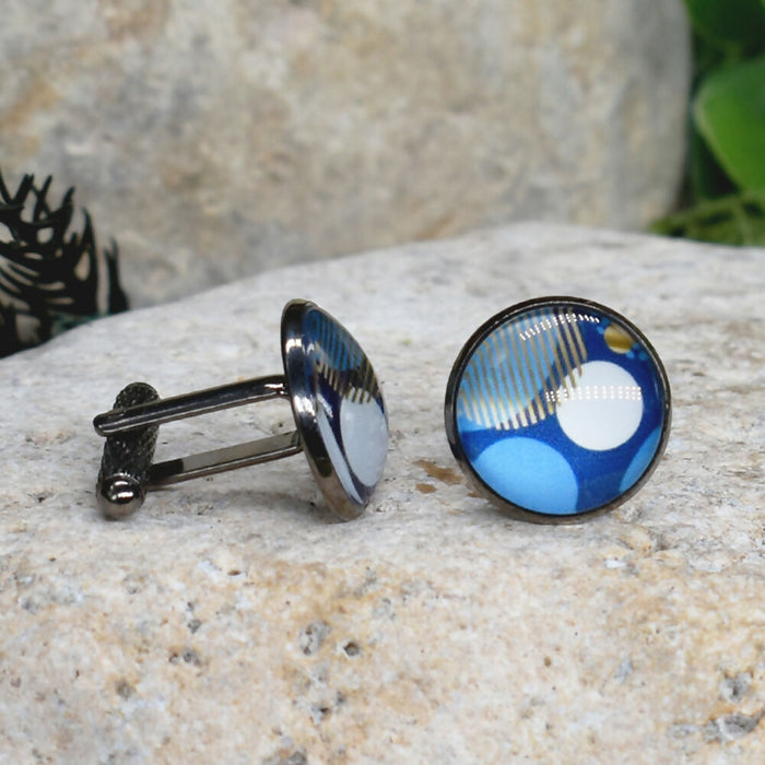 Black Steel Cufflinks with Abstract Glass #209